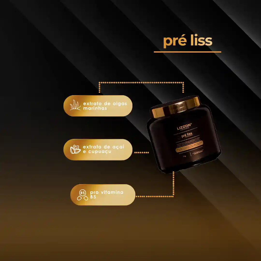 Uma imagem promocional com tema sombrio apresenta um frasco de Máscara Pre Liss (PRO) e três ícones de ingredientes: extrato de algas marinhas, extrato de açaí e cupuaçu e pro vitamina B5 para um cabelo mais liso.