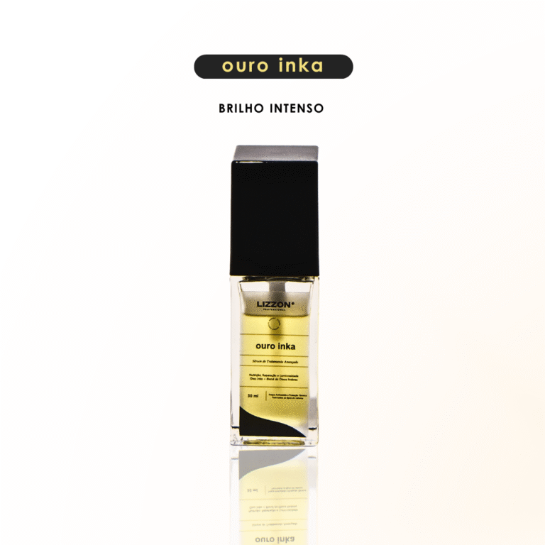 Um frasco de esmalte Serum Ouro Inka com tampa preta está centralizado em um fundo branco. O rótulo exibe 