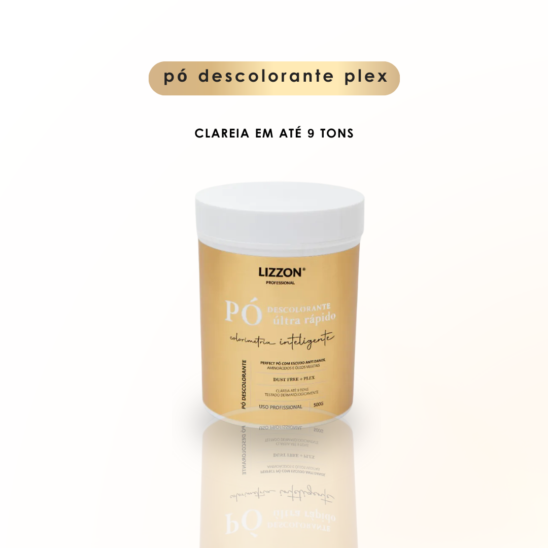 Um recipiente de Pó Ultra Rápido Descolorante PLEX é mostrado em um fundo branco. O texto acima diz pó descolorante plex, e abaixo, CLAREIA EM ATÉ 9 TONS, ideal para um cabelo liso e iluminado.