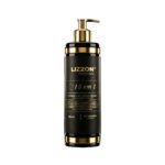 Uma garrafa de 500 ml de 15 em 1 Lizzon, com um design preto e dourado e um dispensador de bomba, é mostrada em um fundo branco.