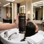 Uma mão segura um frasco de produto para cabelo 15 em 1 Lizzon 500 ml na frente de uma pessoa recostada em uma estação de lavagem de salão, com o cabelo molhado cercado por toalhas e espelhos.