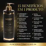 Um frasco dourado e preto do leave-in 15 em 1 Lizzon 500ml fica ao lado de uma lista de 15 benefícios para os cabelos, como hidratação, nutrição, antifrizz, redução de volume, restauração e controle de pontas duplas.