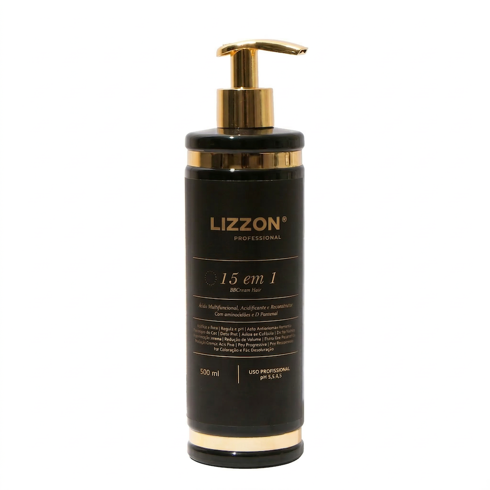 Um frasco pump preto e dourado de 500 ml com o rótulo "15 em 1 Lizzon", com informações sobre o produto em português na frente.