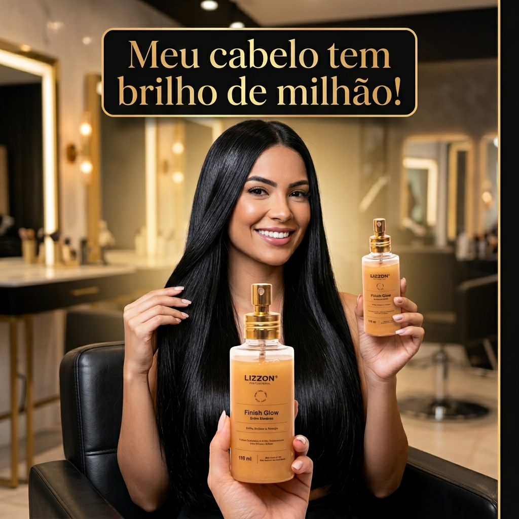 Uma mulher de cabelos pretos longos e lisos sorri em uma cadeira de salão, segurando Finish Glow - Perfume e Spray de Brilho 110ml. Os espelhos do salão brilham atrás dela. Acima dela, o texto diz: Meu cabelo tem brilho de milhão!.