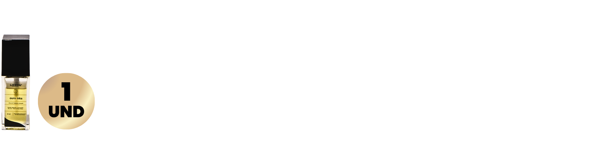 Um frasco de Serum Ouro Inka com uma tampa preta está à esquerda, ao lado de um emblema dourado redondo com a inscrição 