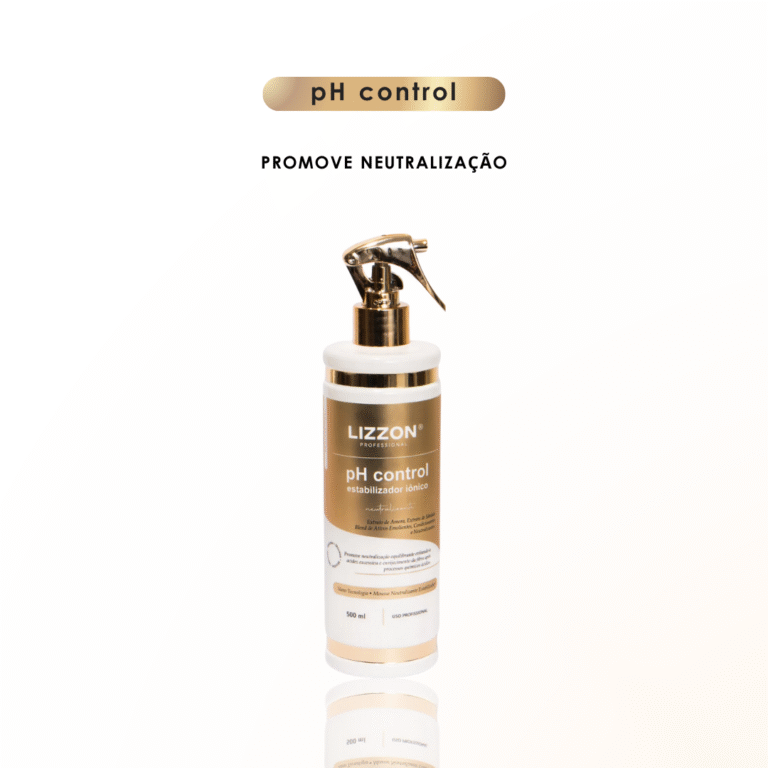 Um frasco dourado e branco de Lizzon pH Control Neutralizante com um bico de spray está centralizado em um fundo branco. Acima dele, um rótulo dourado apresenta 