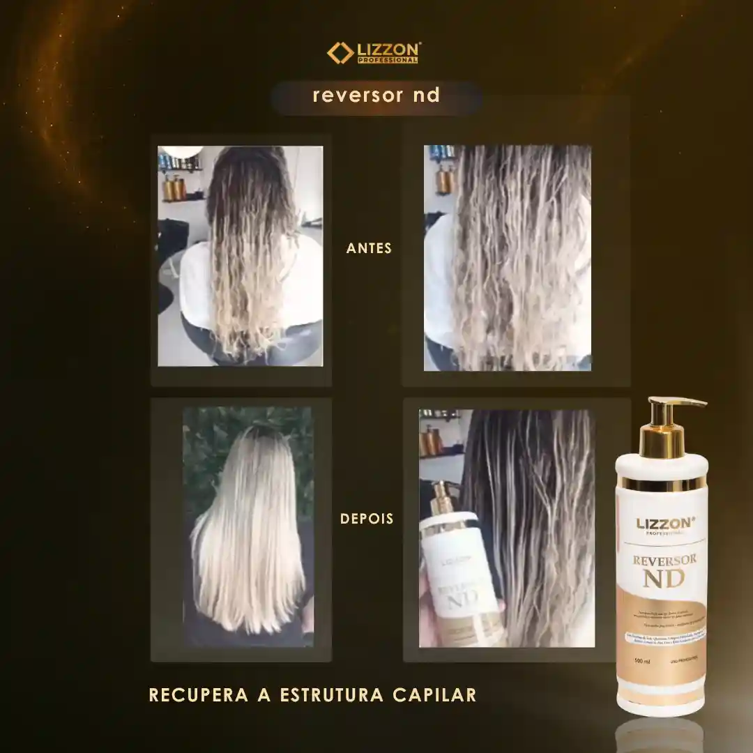 Quatro imagens mostram uma transformação capilar com o Reversor de Danos - ND. As duas primeiras, denominadas "antes", apresentam cabelos crespos; as duas últimas, denominadas "depois", mostram cabelos lisos e elegantes e o frasco do Reversor de Danos - ND.