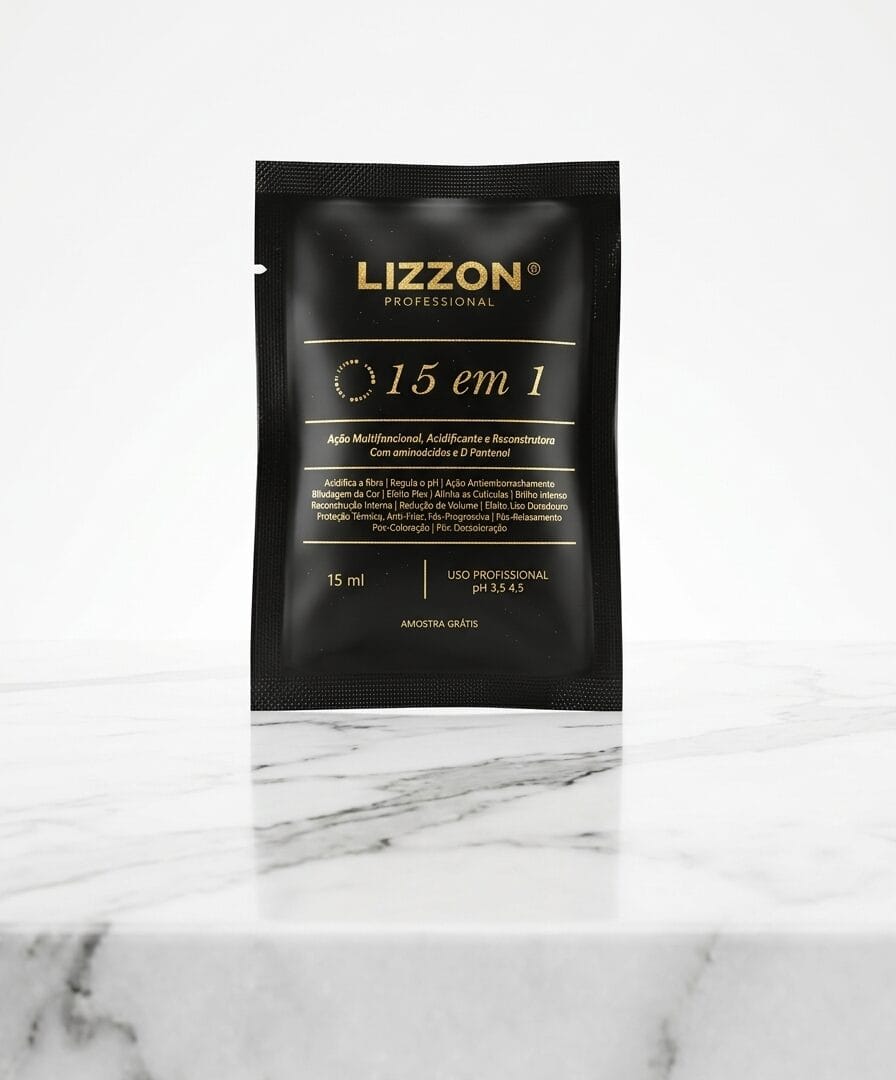 Um sachê preto de Amostra 15 em 1 - 15 ml está na vertical em uma superfície de mármore branco contra um fundo claro e liso, com texto dourado e branco exibindo detalhes do produto na embalagem.