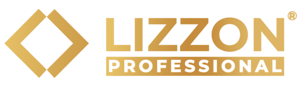 Logotipo dourado com um desenho geométrico em forma de diamante à esquerda e as palavras LIZZON PROFESSIONAL em letras maiúsculas e em negrito à direita. Lizzon, inspirado na elegância do liso, está acima de Professional.