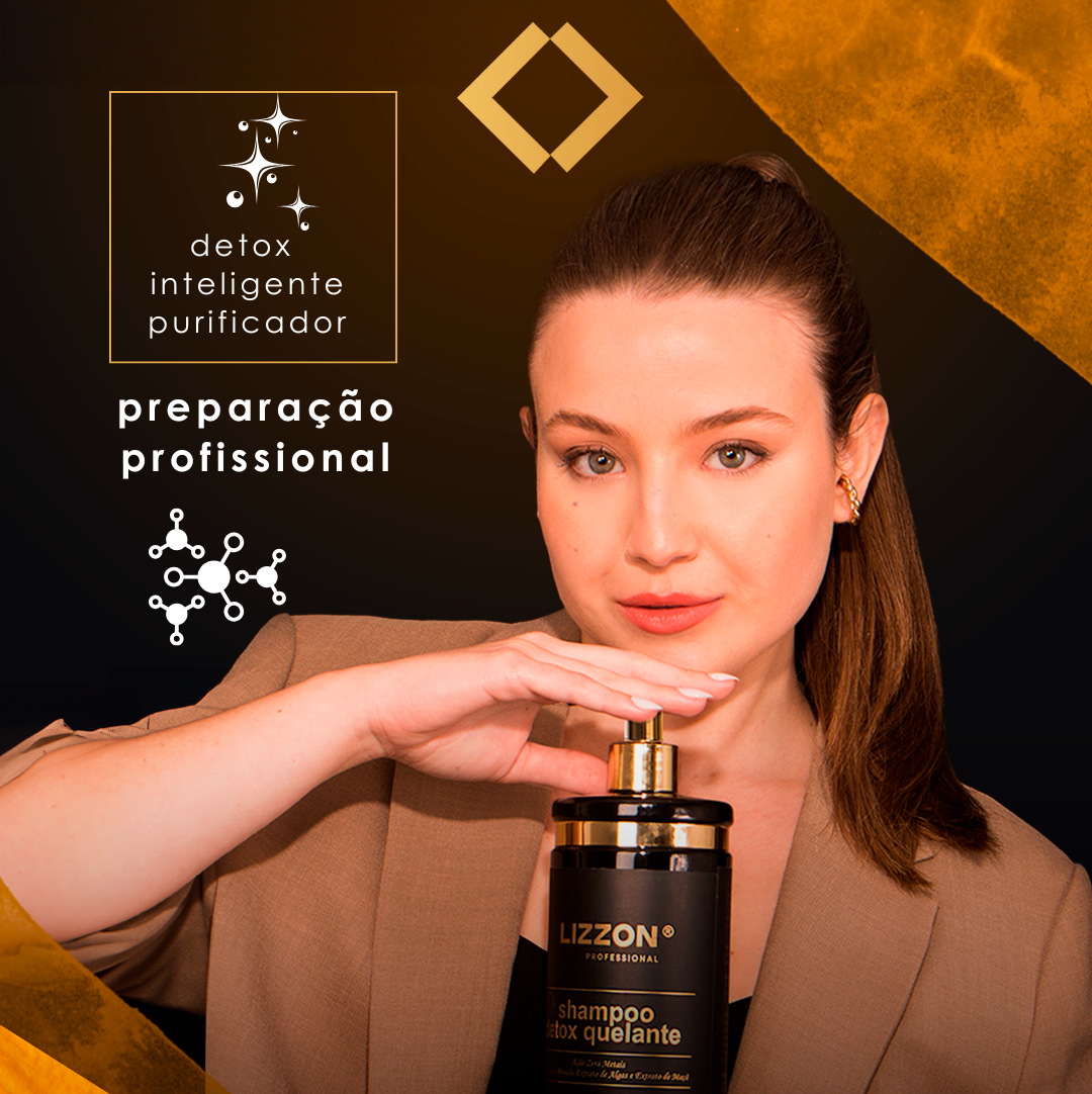 Uma mulher com cabelos castanhos lisos em um blazer marrom segura um frasco de Shampoo Detox Inteligente Quelante. O texto diz "detox inteligente purificador" e "preparação profissional" em um fundo preto e dourado, destacando cabelos liso.