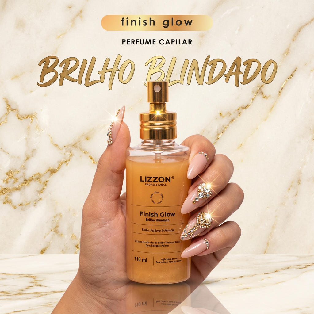 Uma mão bem cuidada segura Finish Glow - Perfume e Spray de Brilho 110 ml de perfume para cabelos em um fundo de mármore. Acima do frasco, o texto diz: "finish glow perfume capilar BRILHO BLINDADO".