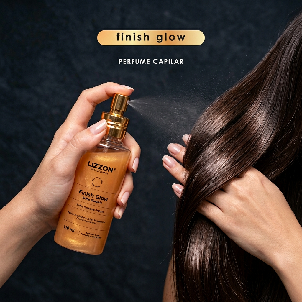Uma pessoa aplica Finish Glow - Perfume e Spray de Brilho 110ml em um cabelo castanho longo e liso. O frasco com bomba dourada se destaca em um fundo escuro, com o nome do produto mostrado acima.
