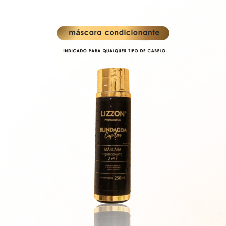 Um frasco preto e dourado de Máscara Condicionante 2 em 1, 250 ml, é retratado em um fundo branco liso. O texto acima do frasco afirma que ele é adequado para todos os tipos de cabelo.