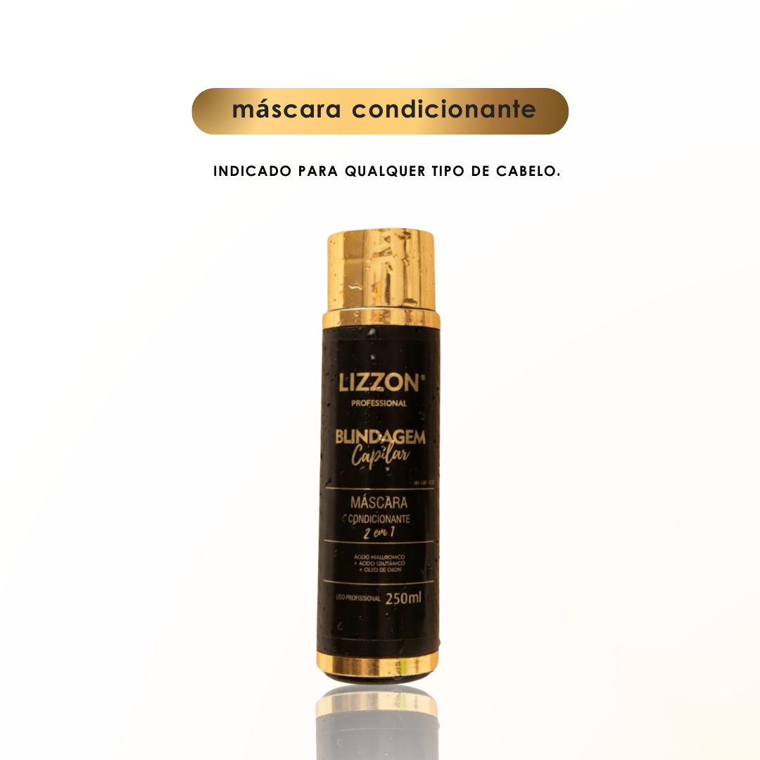 Um frasco preto e dourado de Máscara Condicionante 2 em 1, 250 ml, é retratado em um fundo branco liso. O texto acima do frasco afirma que ele é adequado para todos os tipos de cabelo.