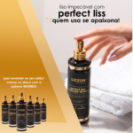 Uma mão pressiona a bomba de um frasco de protetor térmico Lizzon Professional Perfect Liss em um balcão de banheiro ao lado de toalhas brancas dobradas. Cinco frascos adicionais do produto Lizzon liso são exibidos no canto inferior esquerdo.