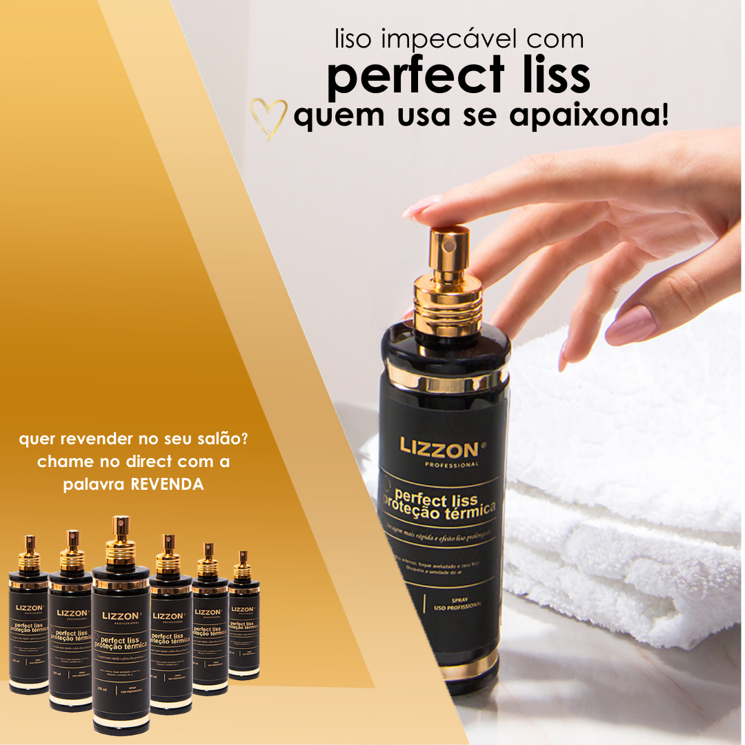 Uma mão pressiona a bomba de um frasco de protetor térmico Lizzon Professional Perfect Liss em um balcão de banheiro ao lado de toalhas brancas dobradas. Cinco frascos adicionais do produto Lizzon liso são exibidos no canto inferior esquerdo.