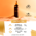 Um frasco de spray preto e dourado com o rótulo Lizzon perfect liss proteção térmica está em pé sobre uma areia de cor clara, cercado por ícones e textos em português que destacam suas características para um cabelo liso e protegido.