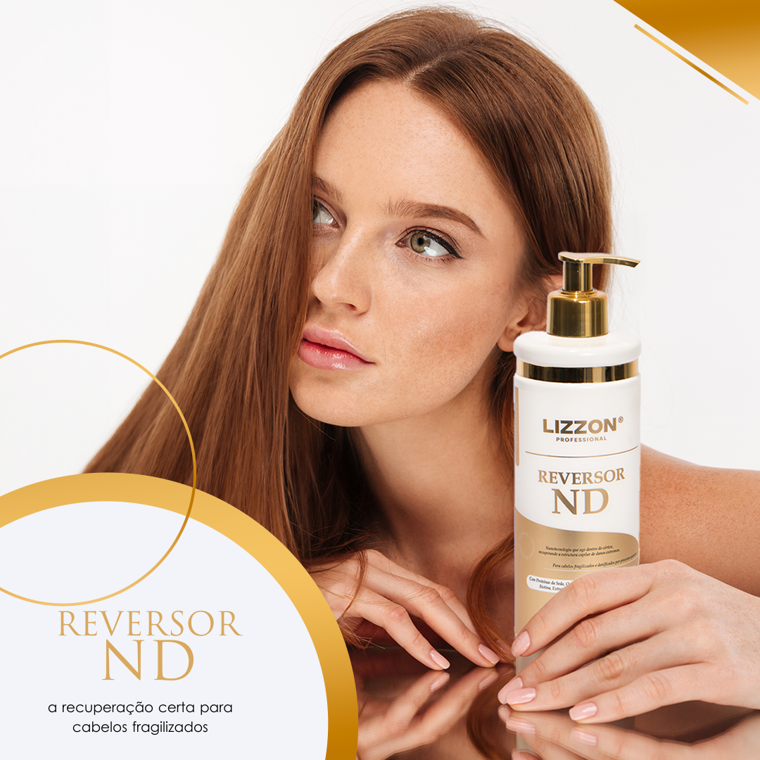 Uma mulher com longos cabelos castanhos segura um frasco de Lizzon Professional Reversor ND, mostrando o tratamento de liso-perfeição. O rótulo está visível, e o texto em português diz: "a recuperação certa para cabelos fragilizados".