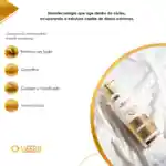 Um frasco branco e dourado do produto para cabelos Lizzon Reversor ND é exibido em um fundo claro, destacando os resultados do liso. Os principais ingredientes e as descrições estão listados no lado esquerdo, em português.