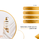 Um frasco do produto para cabelos Lizzon Professional Reversor ND está em pé sobre um tecido branco. Perfeito para cabelos liso, ele destaca o D-Pantenol, a Biotina, o extrato de Aloe Vera e uma mistura de seis óleos vegetais nutritivos.
