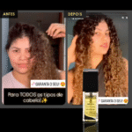 Uma comparação de antes e depois mostra o cabelo crespo de uma mulher transformado em mechas suaves e definidas após a aplicação do Serum Ouro Inka, com o frasco do produto exibido abaixo.