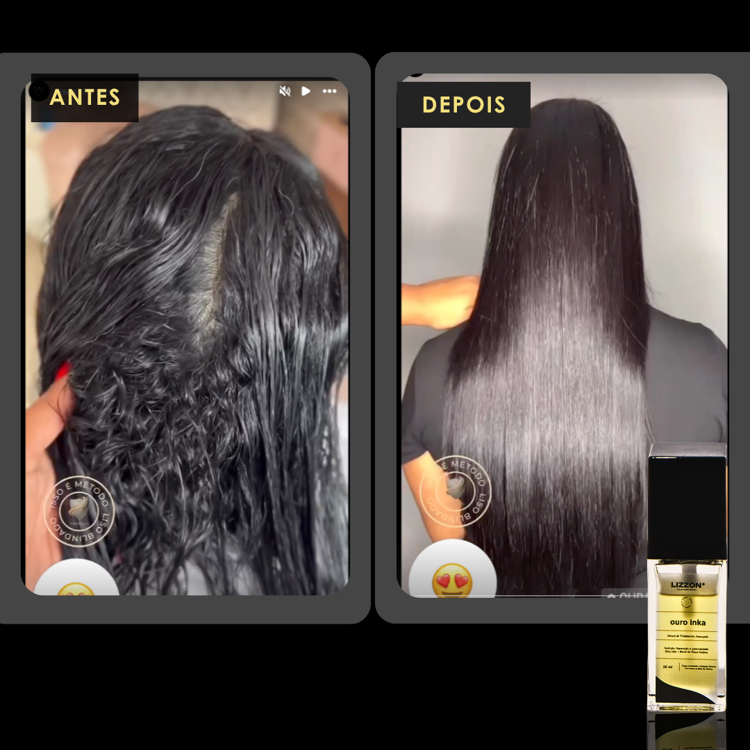 Comparação lado a lado: cabelos úmidos e cacheados com o rótulo "ANTES" à esquerda, cabelos lisos e brilhantes com o rótulo "DEPOIS" à direita. O canto inferior direito apresenta um frasco de Serum Ouro Inka.