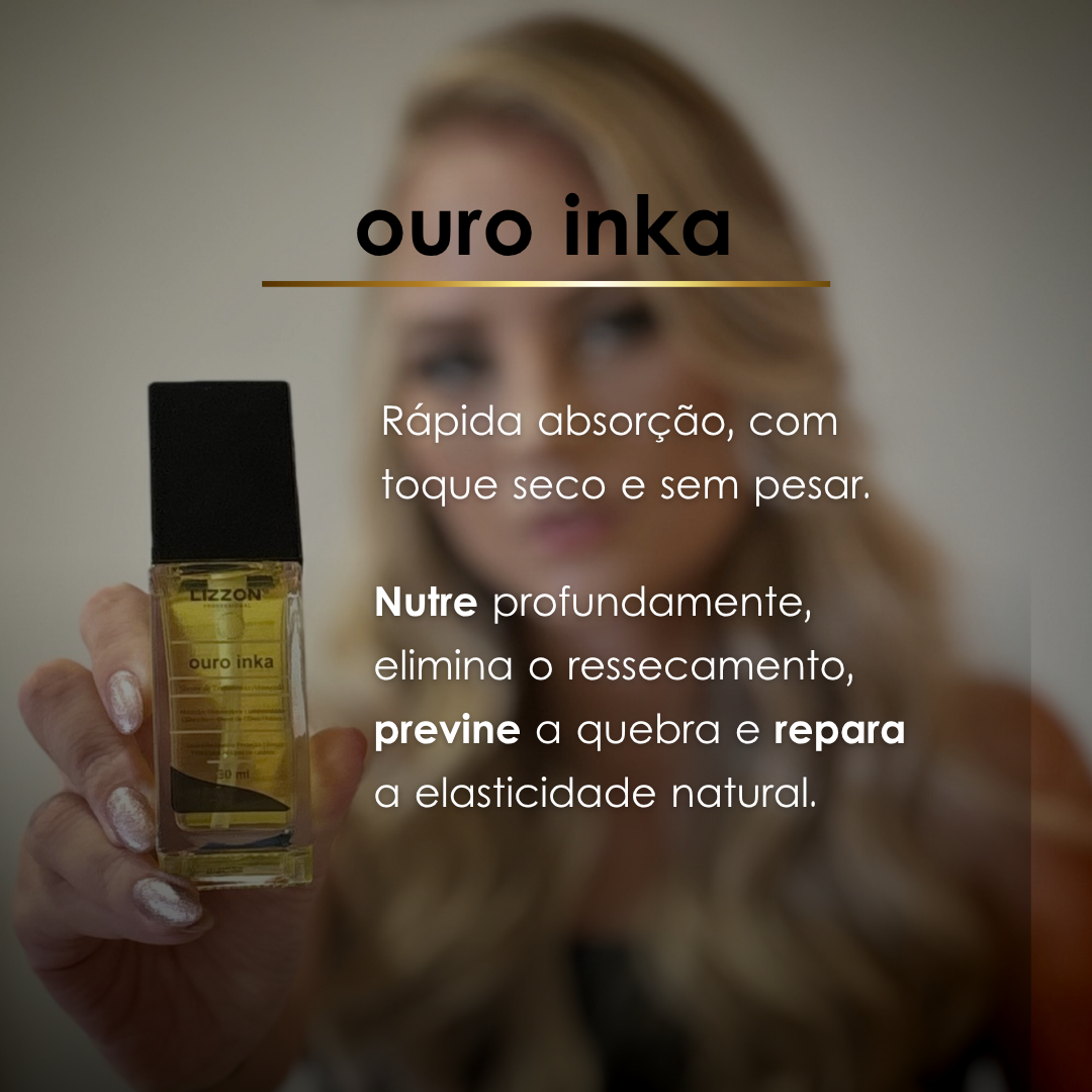 Uma mulher com longos cabelos loiros segura um pequeno frasco de Serum Ouro Inka perto da câmera. O texto destaca a rápida absorção e o efeito liso, nutrindo, prevenindo o ressecamento e reparando o cabelo para obter resultados suaves.