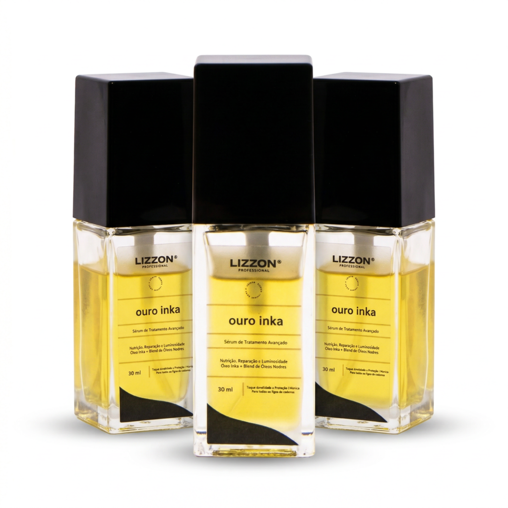 Três frascos de Sérum Ouro Inka 30 ml são exibidos lado a lado em um vidro transparente com líquido amarelo e tampas retangulares pretas, em um fundo branco liso.