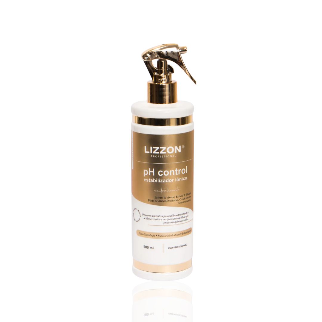 Um frasco dourado e branco de 500 ml de pH Control Estabilizador Neutralizante com um bico de spray é mostrado em um fundo branco.