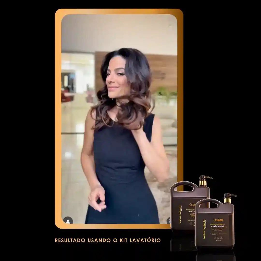 Uma mulher com cabelos brilhantes e penteados, usando um vestido preto sem mangas, está em um ambiente interno. O produto Perfect Liss - Protetor Térmico da Kit Lavatório é exibido abaixo. O texto diz: Resultado usando Perfect Liss - Protetor Térmico.