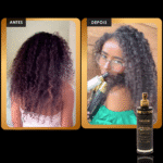 Fotos lado a lado mostram uma mulher com cabelo cacheado antes e depois de usar o Perfect Liss - Protetor Térmico; o cabelo crespo se transforma em cachos definidos. Um frasco de Perfect Liss - Protetor Térmico é mostrado no canto.
