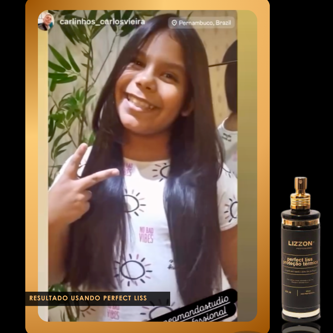 Uma jovem de cabelos longos, lisos e escuros sorri e faz um sinal de paz dentro de casa, perto de uma planta. O texto "Perfect Liss - Protetor Térmico" aparece, junto com o frasco do produto no canto inferior direito.
