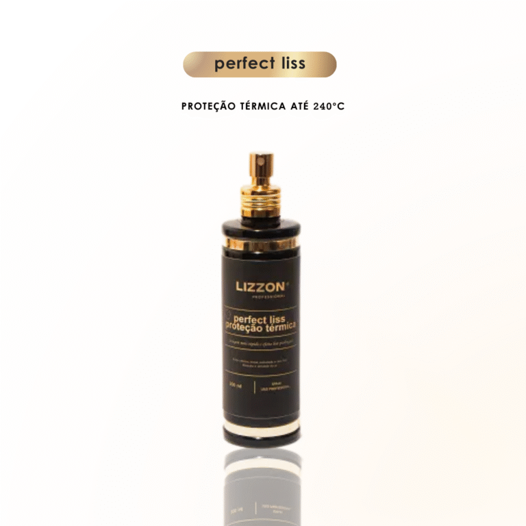 Um frasco preto vertical de Perfect Liss - Protetor Térmico apresenta um bico de spray dourado. O texto acima destaca 