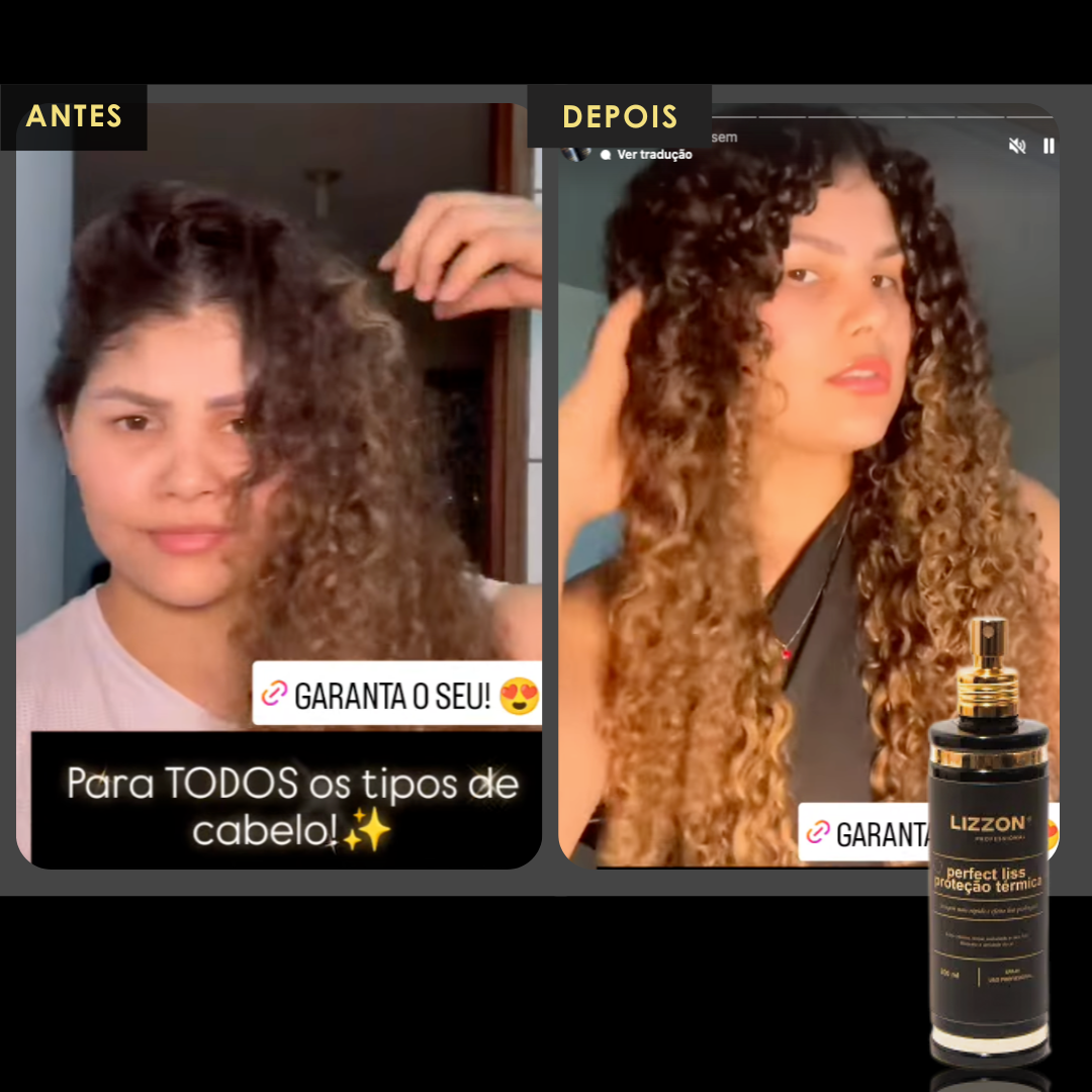 Imagem dividida: à esquerda, uma mulher com cabelo crespo rotulada como ANTES; à direita, uma mulher com cachos brilhantes e definidos rotulada como DEPOIS; no canto inferior direito, o frasco do Perfect Liss - Protetor Térmico.