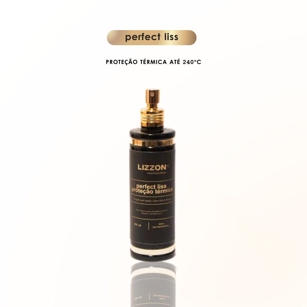 Um frasco preto vertical de Perfect Liss - Protetor Térmico apresenta um bico de spray dourado. O texto acima destaca "perfect liss" e "PROTEÇÃO TÉRMICA A 240°C", ideal para manter os fios lisos e protegidos.