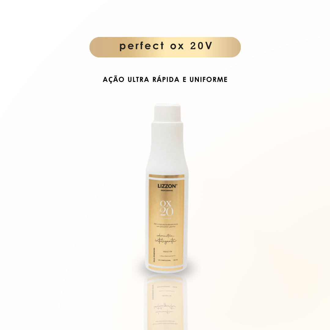 Um frasco de PERFECT OX 20V Estabilizada Colorimetria Inteligente com um rótulo bege e branco está centralizado em um fundo claro. Acima do frasco: PERFECT OX 20V; abaixo: AÇÃO ULTRA RÁPIDA E UNIFORME para um resultado liso.