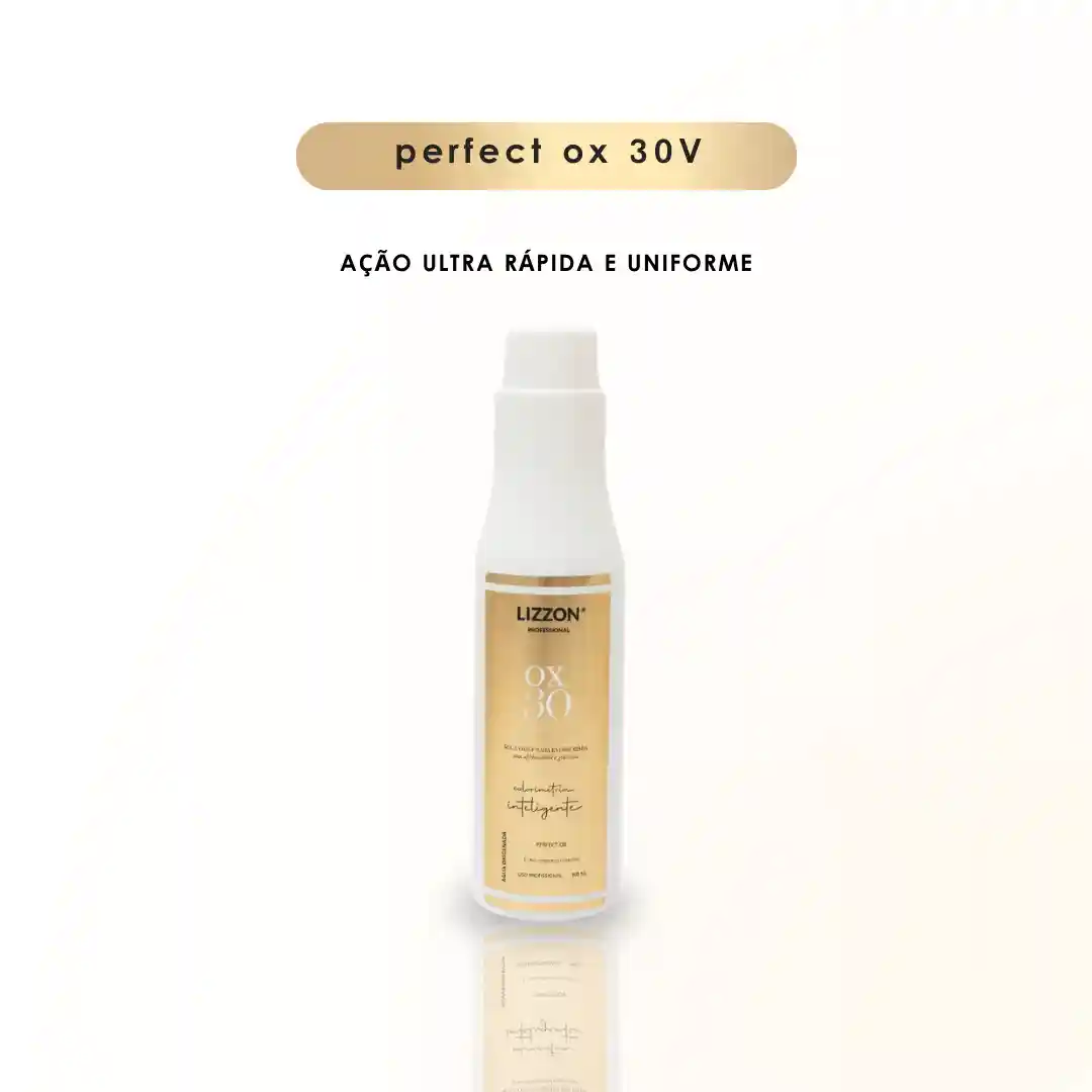 Um frasco de PERFECT OX 30V Estabilizada Colorimetria Inteligente está na vertical em um fundo claro, apresentando "AÇÃO ULTRA RÁPIDA E UNIFORME" no rótulo para resultados ultrarrápidos e uniformes e um visual liso impecável.