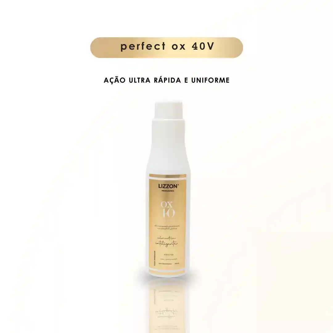 Um frasco de PERFECT OX 40V Estabilizada Colorimetria Inteligente está na vertical em um fundo claro, com "perfect ox 40V" acima e "ação ultra rápida e uniforme, ideal para um resultado liso e perfeito" abaixo.