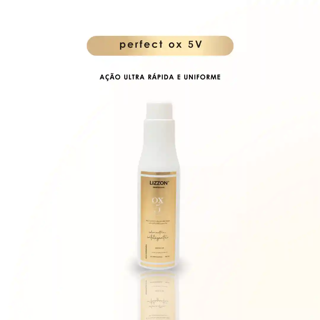Um frasco branco da Lizzon rotulado PERFECT OX 5V Estabilizada Colorimetria Inteligente está na vertical em um fundo claro, com o texto ação ultra rápida e uniforme e perfect liso ox 5V acima dele.