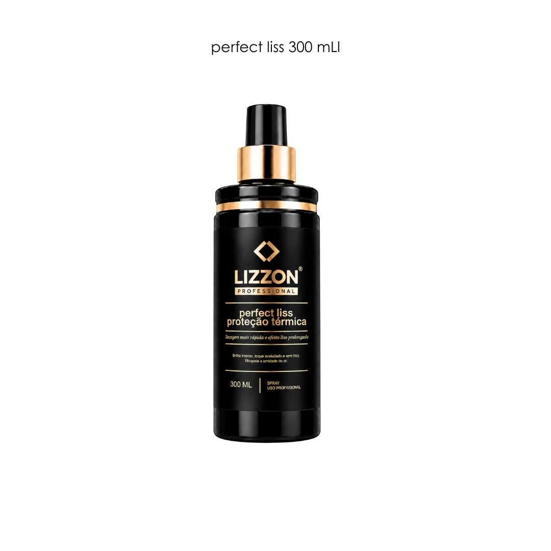 Um frasco spray preto de 300 mL da marca “perfect liss – Protetor Térmico” está posicionado no centro de um fundo branco. O texto acima do frasco diz: “perfect liss – Protetor Térmico 300 ml”.