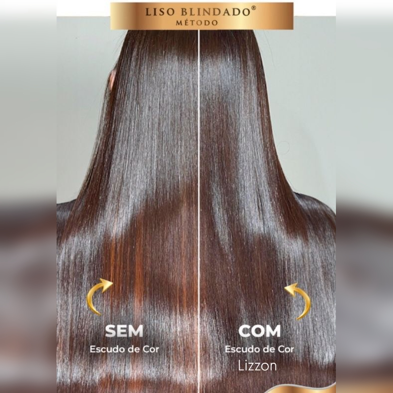 Uma comparação de cabelos castanhos longos e lisos divididos ao meio: o lado esquerdo, "sem escudo de cor", parece menos brilhante, enquanto o lado direito, "com escudo de cor", usa o pH Control Estabilizador Neutralizante 500ml para um cabelo mais suave e brilhante.