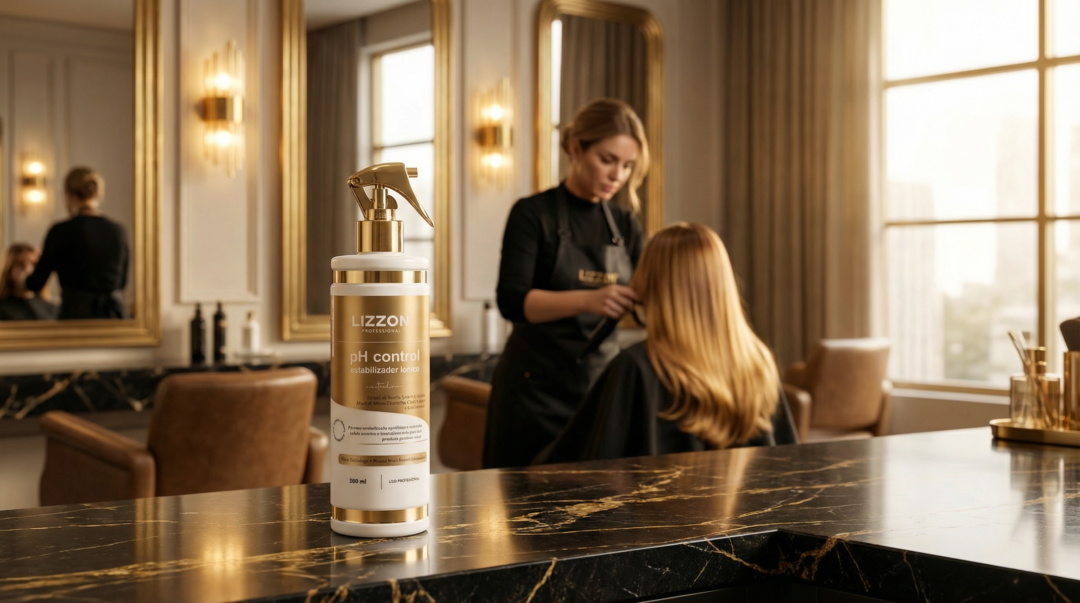 Uma bancada de mármore contém um frasco de 500 ml de pH Control Neutralizante, enquanto, ao fundo, um cabeleireiro aperfeiçoa o cabelo de uma mulher em um salão elegante e bem iluminado.