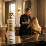 Uma bancada de mármore contém um frasco de 500 ml de pH Control Neutralizante, enquanto, ao fundo, um cabeleireiro aperfeiçoa o cabelo de uma mulher em um salão elegante e bem iluminado.