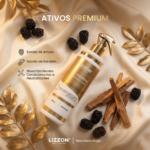 Um frasco de 500 ml de pH Control Neutralizante repousa sobre cetim dourado com amoras, paus de canela e folhas douradas. O texto destaca o extrato de amora, o extrato de sândalo e uma mistura de emolientes.