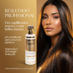 Uma mulher com cabelos longos e brilhantes ao lado de um frasco de pH Control Neutralizante 500ml. O texto destaca os resultados profissionais, a suavidade, o brilho e a tecnologia avançada para um cabelo impecável.