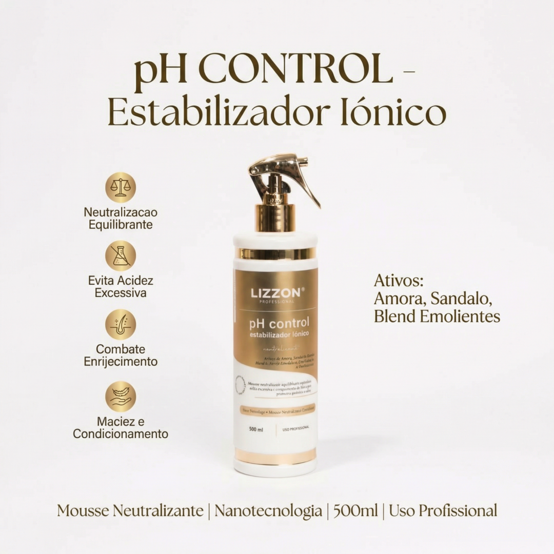 Um frasco de 500 ml do Neutralizante de Controle de pH está na vertical, com seu rótulo mostrando os benefícios e ingredientes como amora, sandalo e emolientes. O texto na embalagem destaca os recursos e a adequação para uso profissional.
