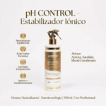 Um frasco de 500 ml do Neutralizante de Controle de pH está na vertical, com seu rótulo mostrando os benefícios e ingredientes como amora, sandalo e emolientes. O texto na embalagem destaca os recursos e a adequação para uso profissional.