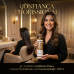 Uma mulher está em um salão de beleza segurando um frasco de pH Control Neutralizante 500ml e sorrindo para a câmera, enquanto outra mulher está sentada em uma cadeira de salão. O texto em português destaca as características do produto.