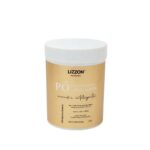 O Lizzon Pó Ultra Rápido Descolorante PLEX 500g é um recipiente de plástico bege e branco com texto em preto e branco, projetado para uso profissional e contendo 500 gramas de pó descolorante sem pó.