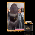 Uma pessoa com cabelos escuros longos e brilhantes está sentada de costas, segurando um frasco de Máscara Pre Liss (PRO). O texto abaixo diz